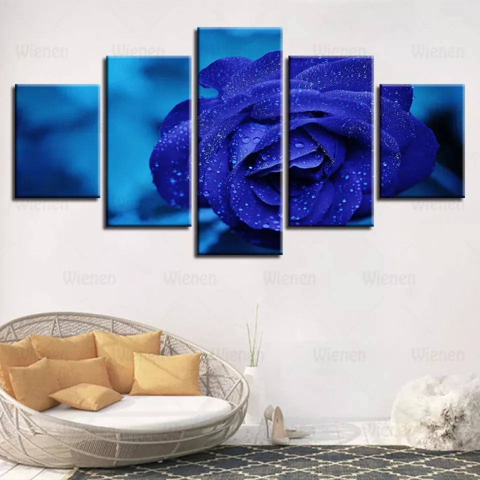 

Wall Art 5 Pieces Blue Roses Flowers Modular Paintings Canvas Artworks Modern Home Framework Living Room Decoration Pictures