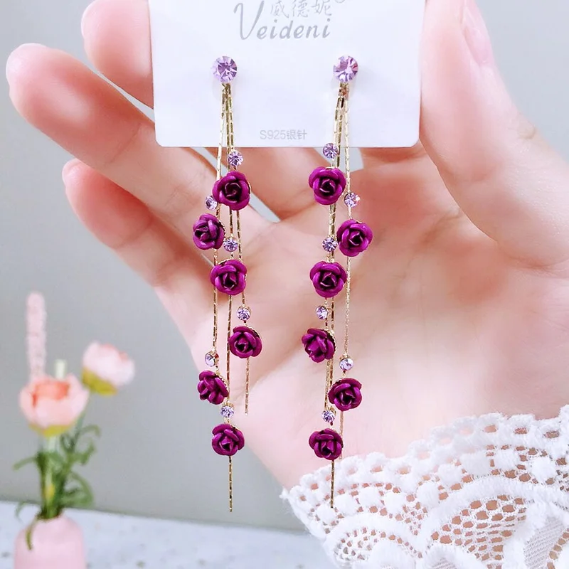 

Elegant Roses Petal Dangle Earrings for Women Long Tassel Shiny Zircon Flower Spiral Drop Earrings 2021 Female New Jewelry Gifts