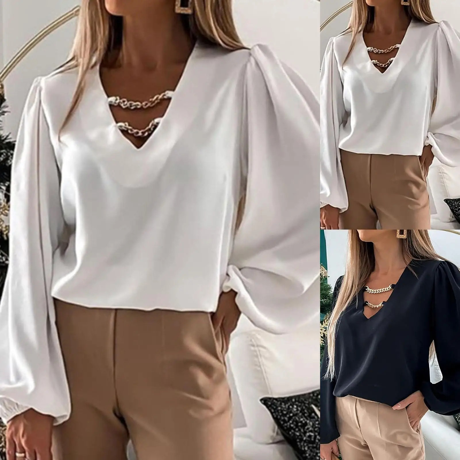 

Chic Blouse Women Spring Hollow Out Chain V Neck Long Sleeve Solid Color Blouse Top Size S-2XL Blusas women clothing