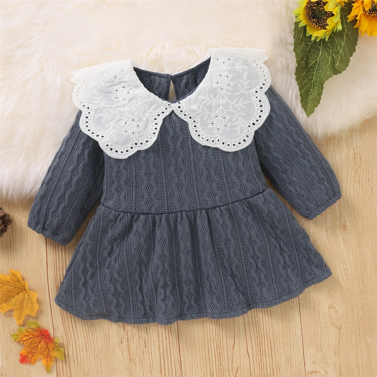 

2021 Baby Girl Long Sleeve Princess Dress Toddler Fashion Solid Color Peter Pan Collar Warm Knitted A-Line Dress Autumn Winter