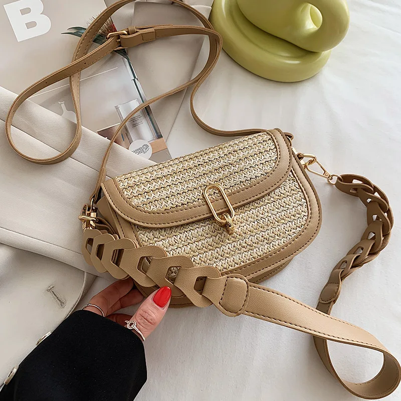 

Mini Straw Saddle Crossbody Bags for Women 2021 Summer Lady Travel Purses and Handbags Female Shoulder Beach Handbags