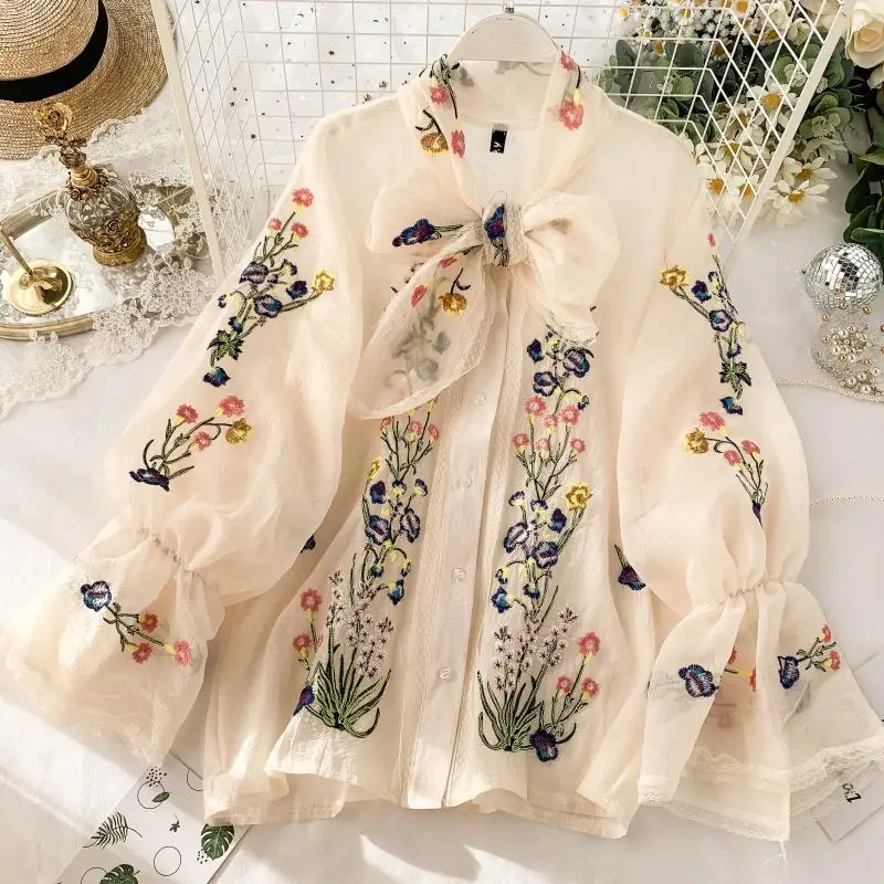 2019 осенние женские винтажные блузки Длинные рукава рубашки с вышивкой Женские