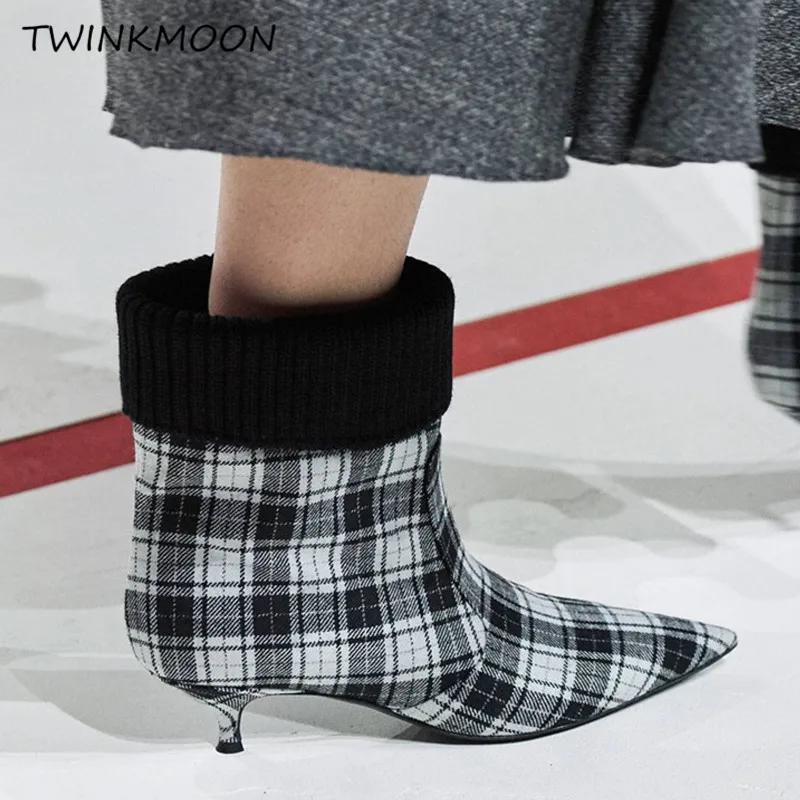 plaid white Vitage/клетчатые женские зимние ботинки; коллекция года; ботильоны; обувь на низком каблуке; теплая зимняя обувь; ботинки для подиума в стиле знаменитостей - Цвет: plaid white