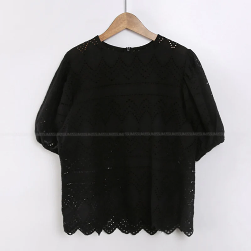 

Korejpaa Women Shirt 2021 Summer Round Neck Wispy Slightly Transparent Design Loose Solid Color Wave-Edge Puff Sleeve Blouses