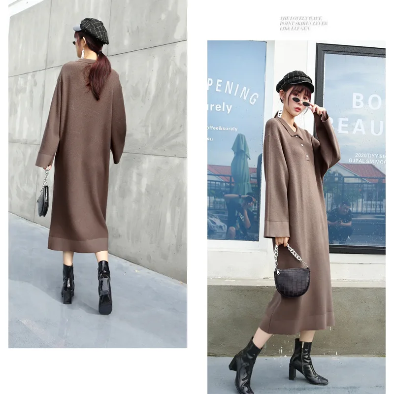 Осенне-зимнее трикотажное платье-свитер в Корейском стиле с воротником-поло