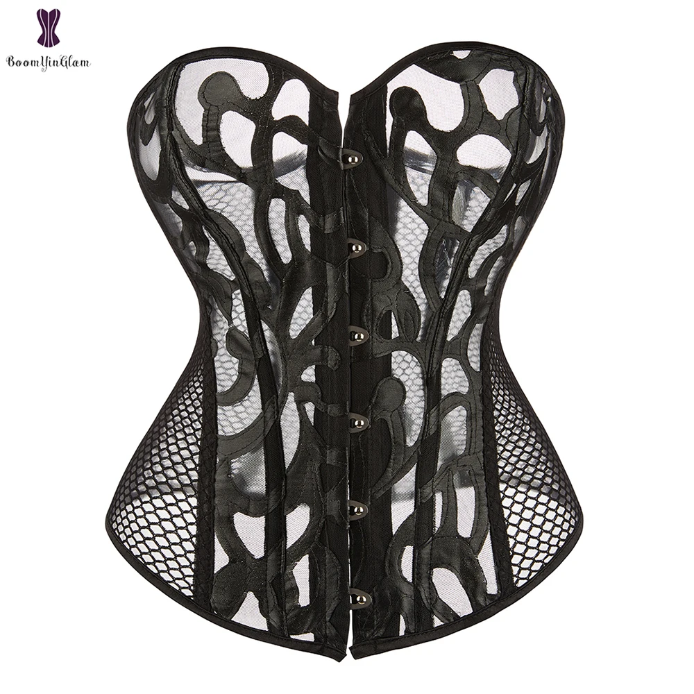 

Steampunk Overbust Corset Hollow Out Mesh Corselet Waist Trainer Bustier Top Black White Gothic Korset