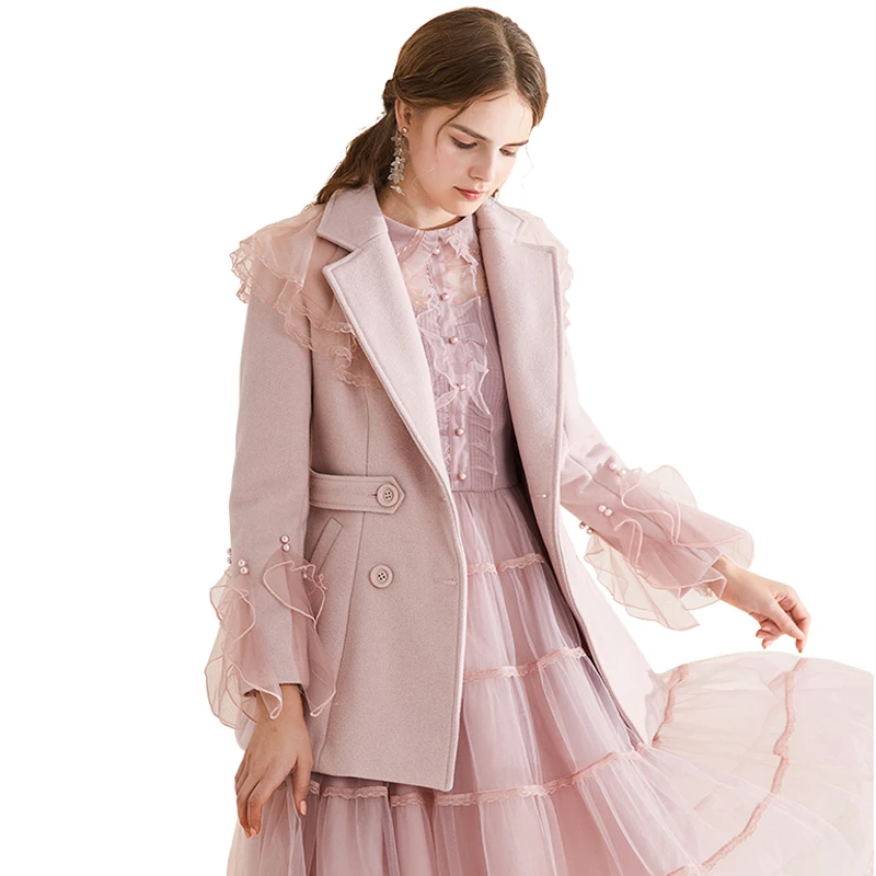 

Alice 2020 winter new high-end double breasted slim fitting woolen coat mesh lace stitching pink coat