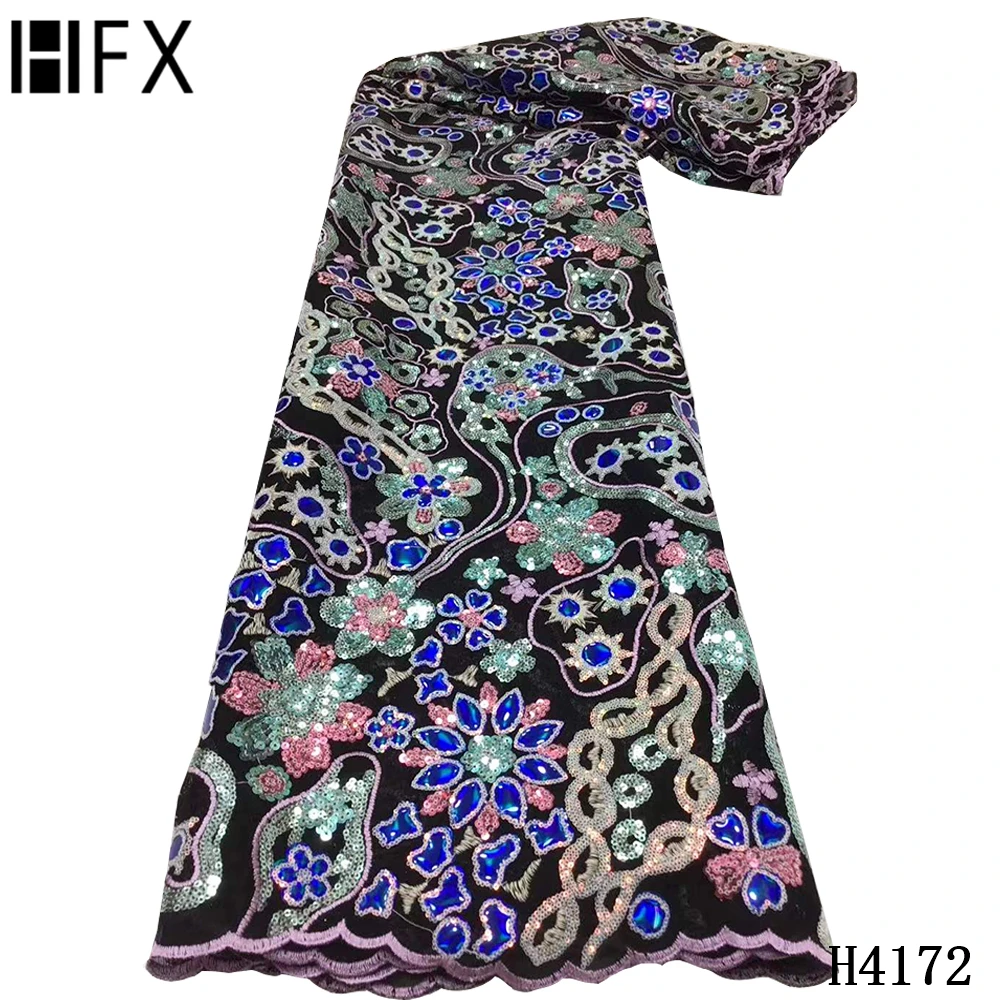 

HFX African Velvet Lace Fabric 2020 High Quality Lace With Sequins French Nigerian Lace Fabrics For Wedding Dress Sewing F4172