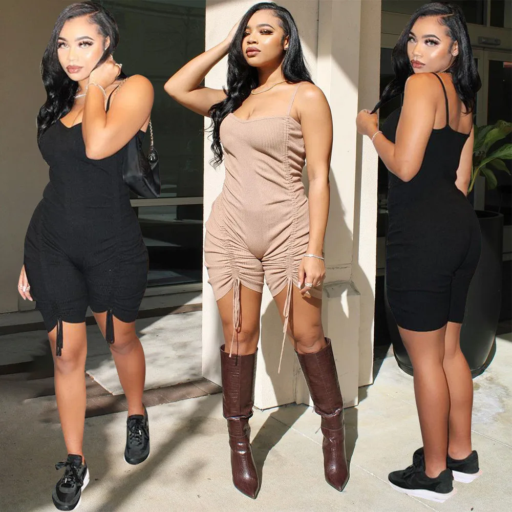 

Tmustobe Solid Spaghetti Strap Jumpsuit Women Skinny One Piece Outfit 2021 Summer Drawstring Pleated Sleeveless Playsuit Overall