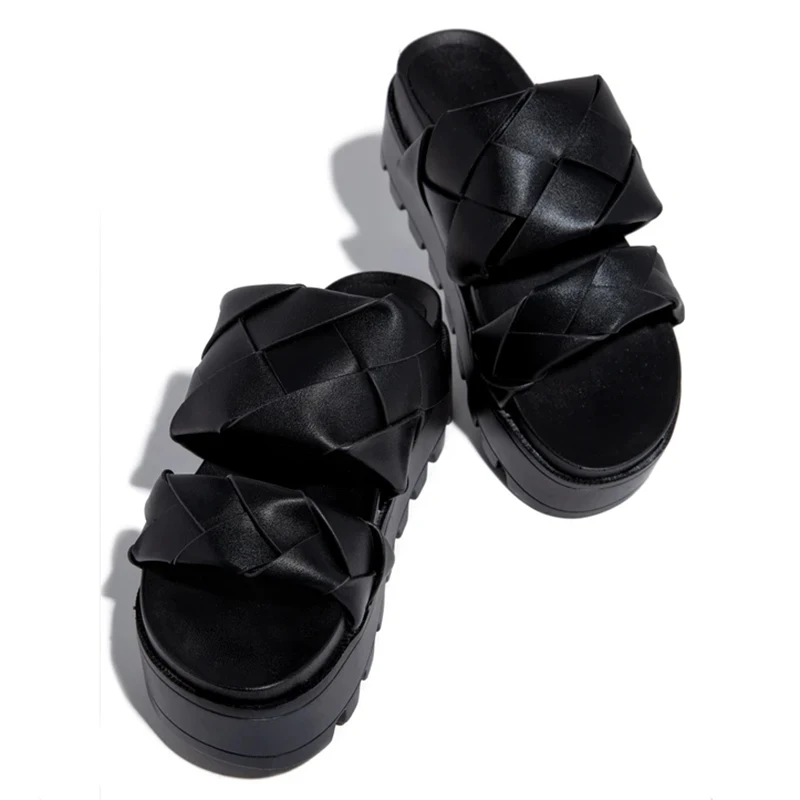 

Summer Weaving Platform Thick Heel Women Slippers Wedges Height Increasing Solid Ladies Slides Outdoor Beach Sandals Female 2021