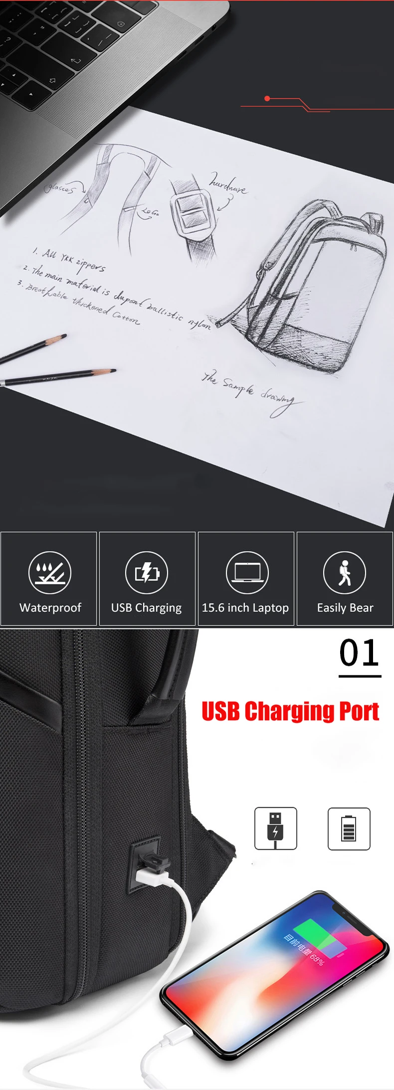 15,6 дюймовый рюкзак для ноутбука, мужская сумка, деловая USB зарядка, многофункциональная многослойная Мужская Дорожная сумка Mochila