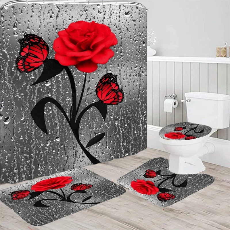 Набор Противоскользящих ковриков для ванной комнаты Red Rose & Butterfly прочные