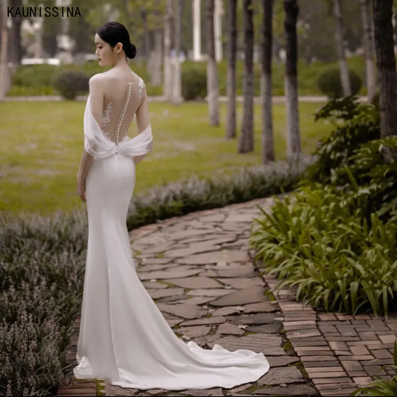

KAUNISSINA High Quality Mermaid Wedding Dresses Pearls Appliques Backless Sexy Bride Dress Elegant Court Train Vestidos De Vovia