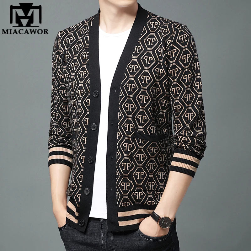 

New Top Quality Fashion Print Sweater Coats Men Autumn Winter Slim Fit Knitted Woolen Cardigan Casual Men Clothing Y353