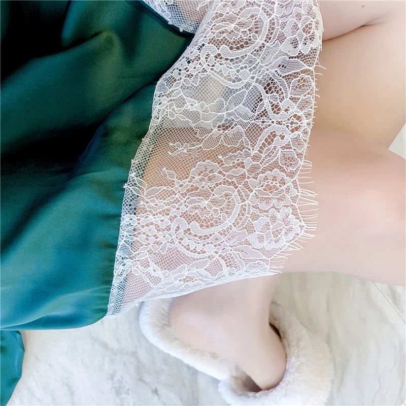 

Green women robe rayon suspenders Nightwear women's spring and summer sexy lace long-sleeved Nightgown two-piece suit bathrobe
