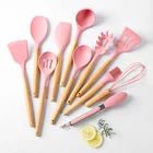 Розовая кожа, инструмент, силиконовая посуда с деревянной многофункциональной ручкой, антипригарная лопатка, ковш, лопатка для взбивания яиц