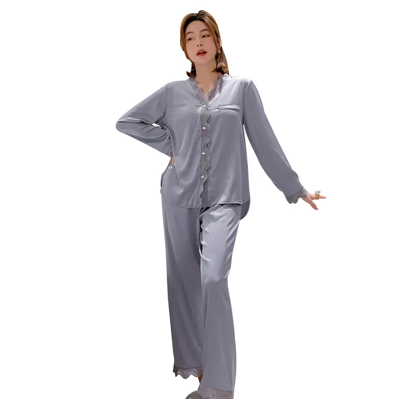 2021 New Ice Silk Pajamas Sets Women's Cardigan Long Sleeve 2Pcs Suit Nightwear Palace Style Thin Lace Home Wear Sleep Tops