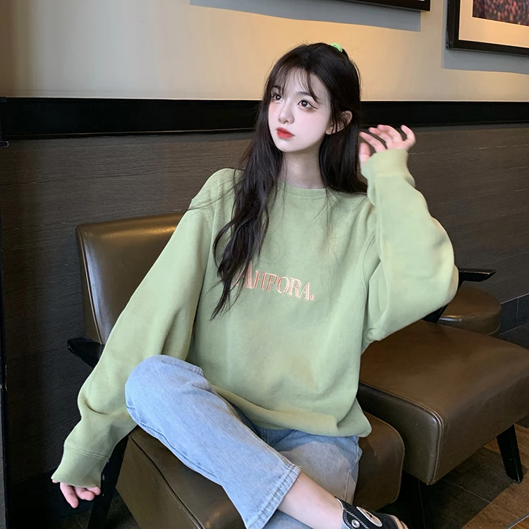 

Новая свободная куртка XZ1250 с круглым вырезом и надписью, корейские толстовки с капюшоном и длинными рукавами для женщин