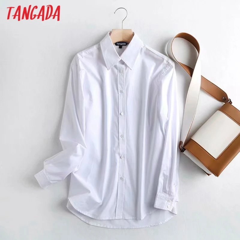 

Tangada Women High Quality Cotton White Shirts Long Sleeve Solid Turn Down Collar Elegant Office Ladies Business Tops 4C14