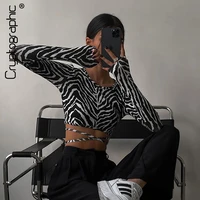 cryptographic fashion elegant sexy backless zebra print women top long sleeve cropped top t shirts autumn bandage top tees slim