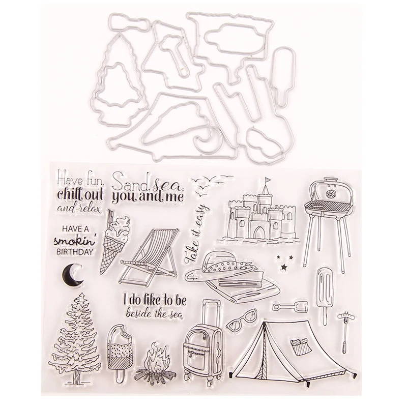 

Beach Tent Travel Metal Cutting Dies and Clear Stamps for Scrapbooking DIY Crafts Die Cut Stencils Card Make Photo Album Decor