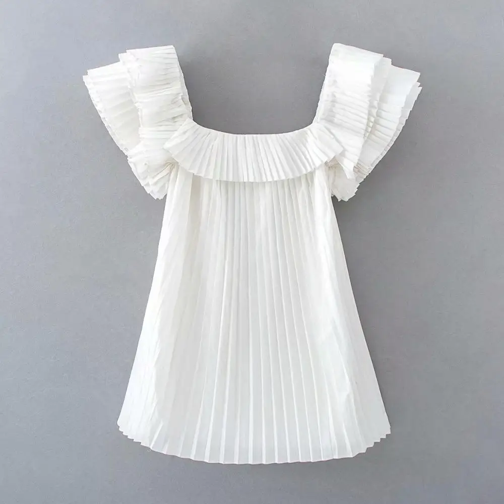 Женское Плиссированное мини платье с каскадными оборками повседневное белое