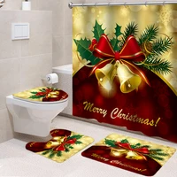 Bell Bathroom Curtain Set Merry Christmas Fabric Shower Curtains Waterproof Festival Decor Anti-slip Mat Toilet Cover Floor Rugs