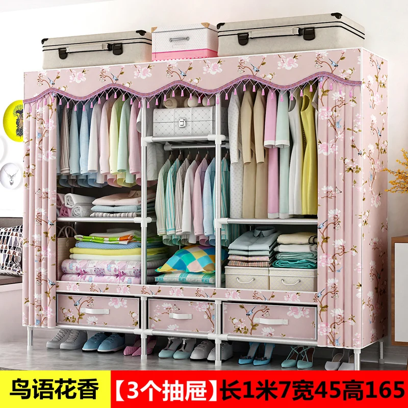 

Wardrobe Simple Cloth Wardrobe Steel Pipe Thickening Reinforcement Thick Steel Frame Rental Room Home Storage with Drawer