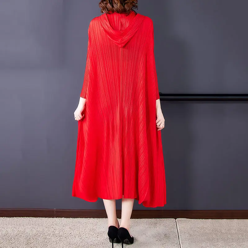 

2021 New Oversize Loose Hooded Dress Women's Autumn New Fashion V-neck Pleated Long Dress Female Casual Vestidos aq1278