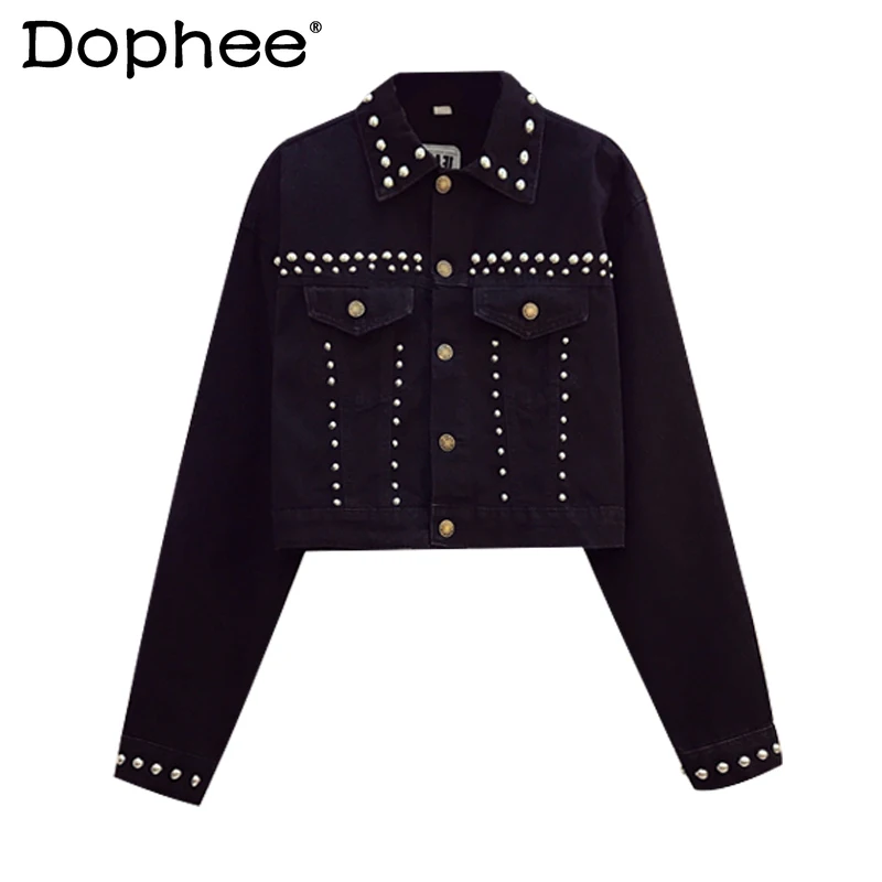

Fashion Black Denim Coats Women's Heavy Metal Design Long-Sleeved Jean Jacket 2021 Spring and Autumn Slim Fit Clothes Fashion