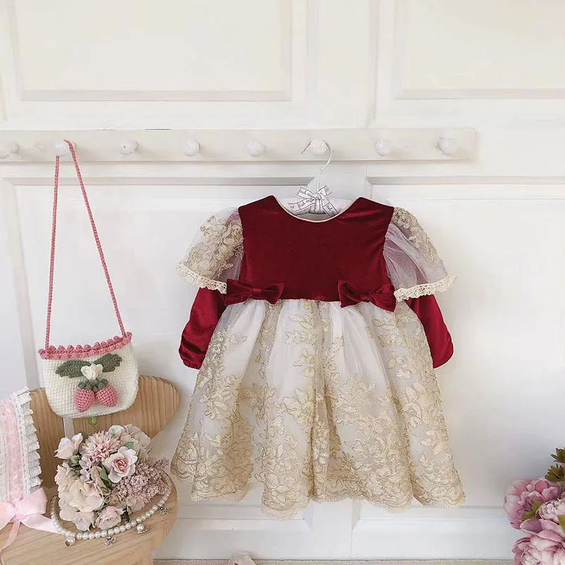 Рождественское кружевное праздничное платье с цветочным рисунком для маленьких