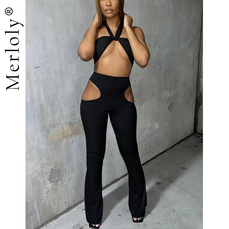 

Two Piece Set Women Sexy Hollow Cross Halter Crop Top Backless Suits Casual Waist Cut Out Pants Basic Matching Elegant Outfits