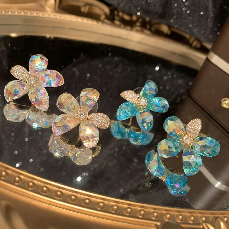 

Colorful Flower Earrings For Women's S925 Silver Needle Blue Sweet Temperament Ladies Fashionable Crystal Earrings Joker Gift