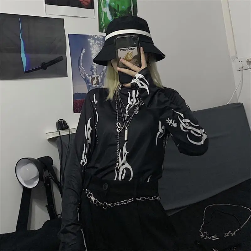 Женские футболки топы японские Kawaii для девушек Ulzzang высокий воротник длинный