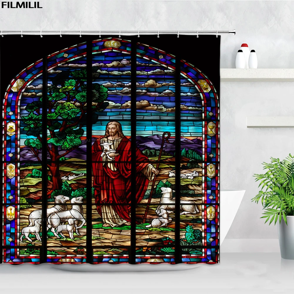 

Настенная душевая занавеска в европейском ретро-стиле для церкви, с зелеными растениями, овчаркой, белыми животными, овечьими цветами, деко...