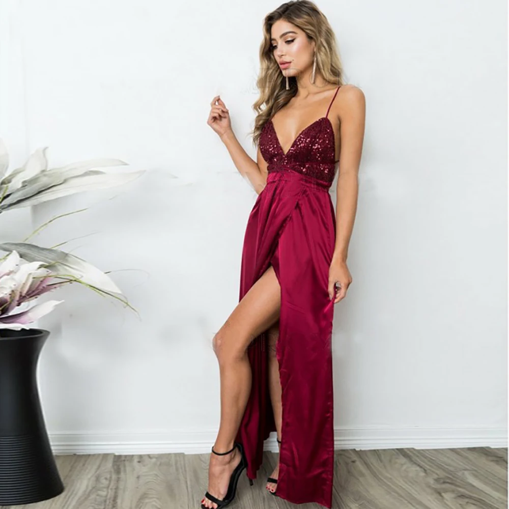 

A Line V-Neck Spaghetti Prom Party Gown Red Sleeveless Thigh-High Slits Custom Backless NONE Train Satin Formal Evening Dresses
