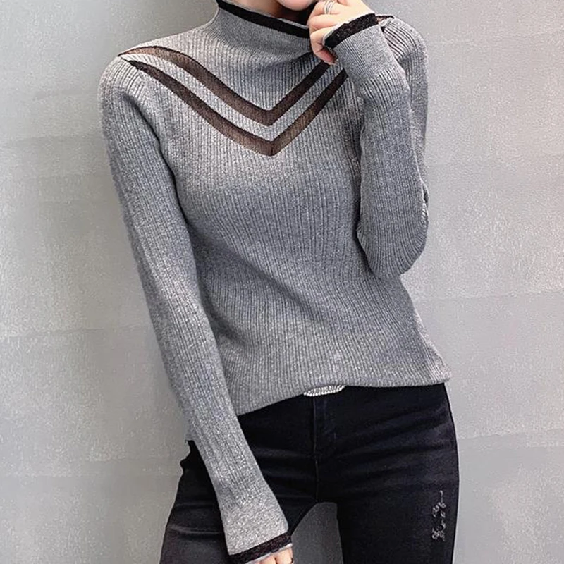 

Sexy New Winter Hollow Out Net Yarn Splicing Knit Female Half Bright Silk Turtle Neck Top Render Unlined Upper Garment Sweater