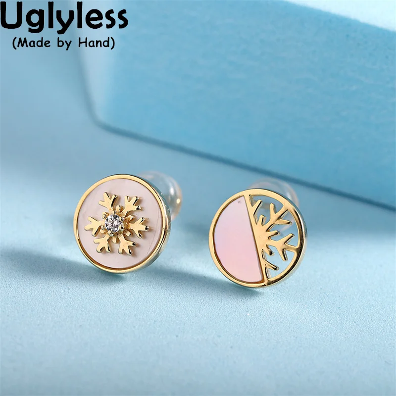 

Uglyless Asymmetric Snowflakes Studs Earrings Women Natural Pink Shell Brincos 925 Sterling Silver Medals Jewelry Golden Bijoux