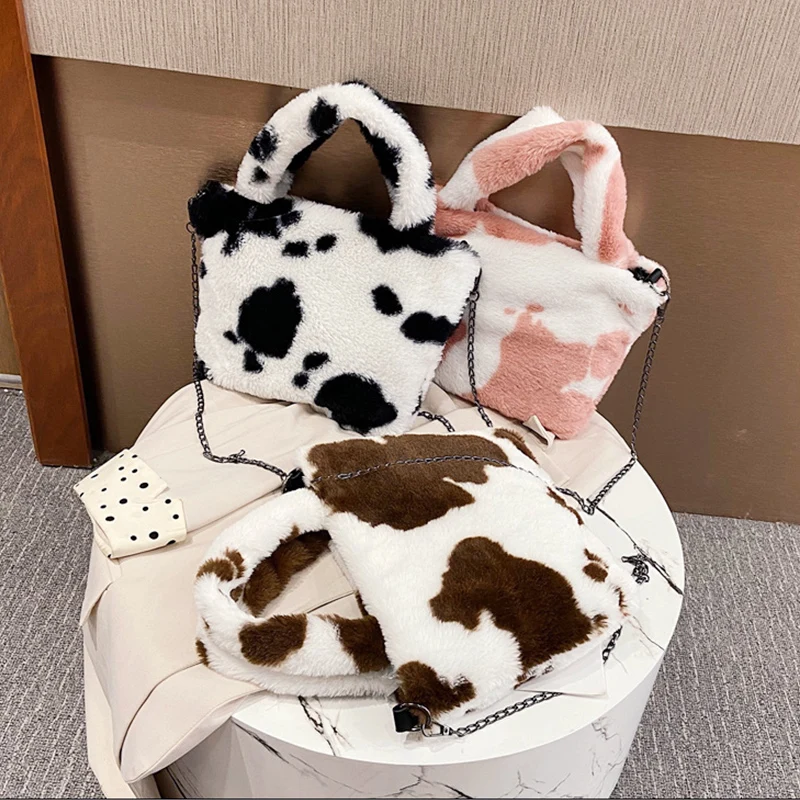 

Женская зимняя плюшевая сумка-шоппер, Женская корейская модная сумка-мессенджер через плечо из коровьей кожи, милые сумки-тоуты, Женская ми...