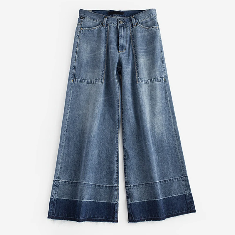 

VGH Loose Hit Color Jeans For Women High Waist Patchwork Pocket Casual Denim Wide Leg Pants Female Fashion New Spring Clothing