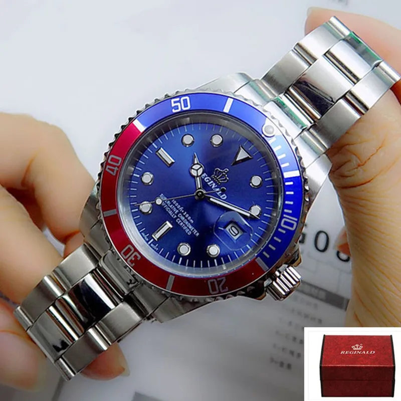 Blue red blue box Мужские часы Топ бренд Реджинальд часы мужские спортивные часы вращающийся ободок GMT сапфировое стекло Дата часы из нержавеющей стали подарки - Цвет: Blue red blue box