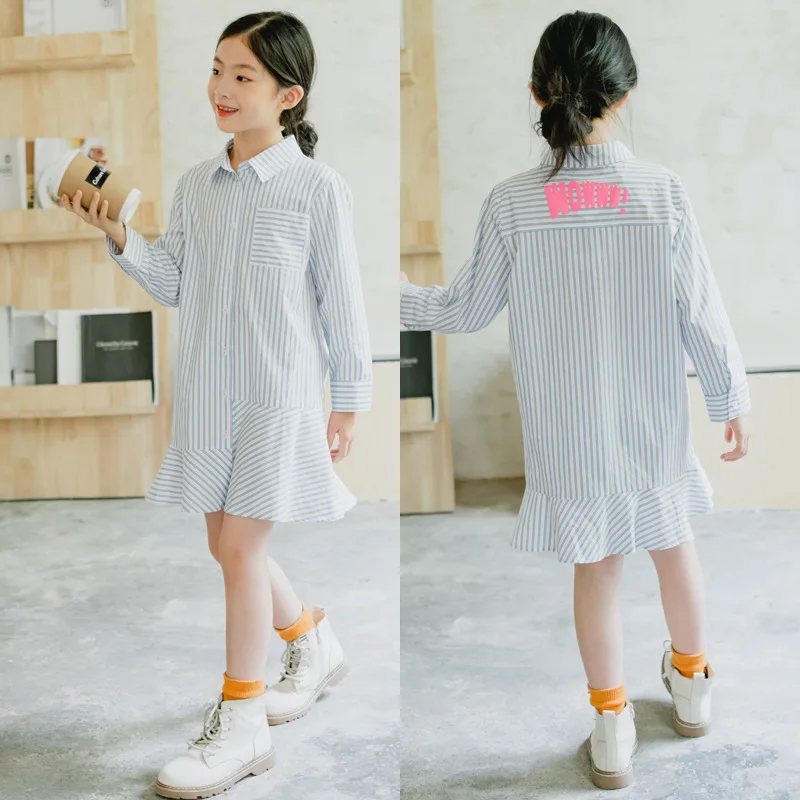 

New Arrival Teenage Girls Stripe Dress 2020 Autumn Korean Style Kids Girls Casual Dresses Elegant Children Cotton Dress, #1049