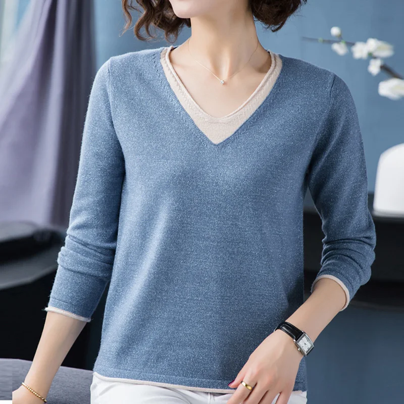 

Casual V-Neck Patchwork Knitted Tops Female Casual Long Sleeve Pullover Fashion Ladies Knitwear Spring sweaters For Women