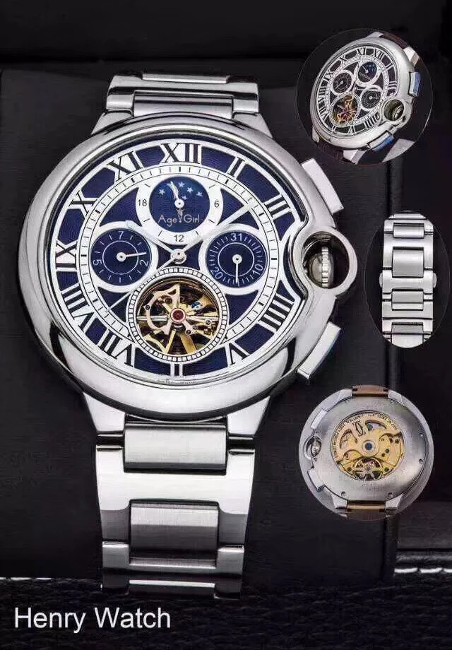 

Luxury New Men Watch Sapphire Automatic Mechanical Silver Stainless Steel Tourbillion Day Date Skeleton Moon phase Watches