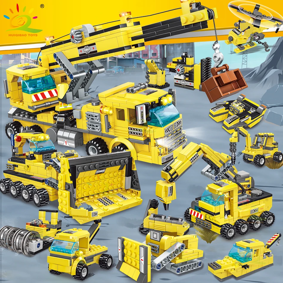 

HUIQIBAO Engineering High-Tech Bulldozer Dump Truck Building Blocks City Construction Concrete Mixer Truck Bricks Toys Children