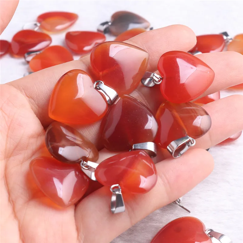 

24pcs Heart Carnelian Red Agates Pendant Necklace Natural Stone Quartz Erengy Healing Pendulum Reiki Chakra Pendulo Dropshipping