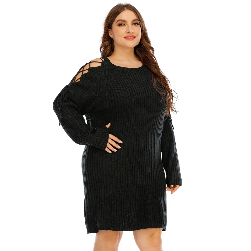 

Women Plus Size Long Sleeve O-Neck Sexy Off Shoulder Bandage Knit Sweater Dress