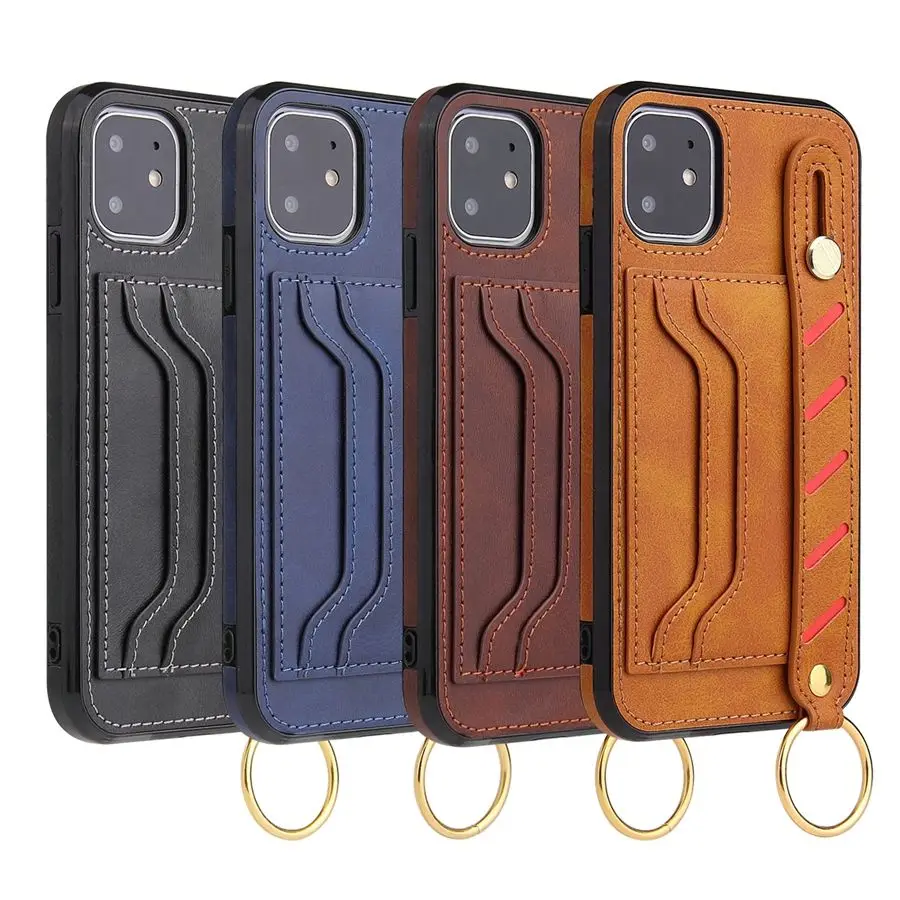 

Wristband Pluggable Card Leather Phone Case For iPhone 12 11 Pro X XS XR Max 6 6S 7 8 Plus SE 2020 Anti-Drop Protective Cover