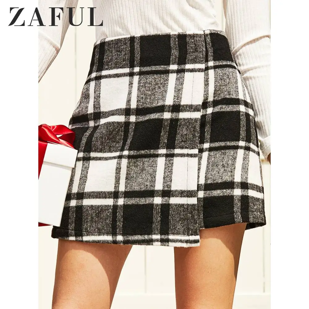ZAFUL Женская Клетчатая Шерстяная мини-юбка трапециевидной формы с молнией сзади |