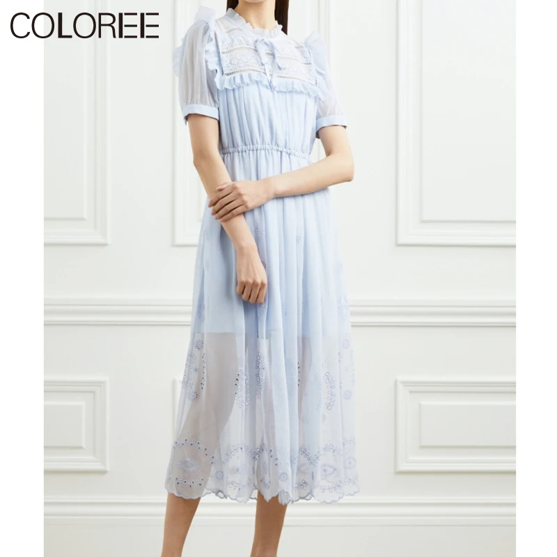 

Elegant Bow Blue Chiffon Lace Embroidery Long Dresses for Women 2022 Summer Vintage Short Sleeve Ruffles Pleated Maxi Dress